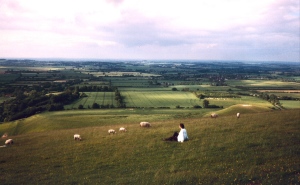 Rolling hills of the White Horse of Uffington looking over the pastures of County Oxfordshire.