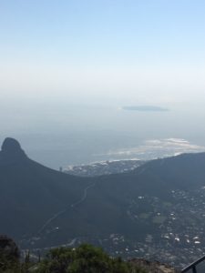 The view from Table Mountain looking at Lions Head and Robben Island (where Nelson Mandela was imprisoned for 18 years)